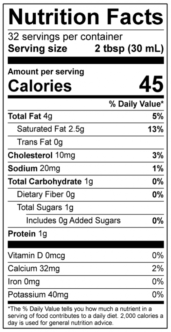 Half & Half Nutrition Facts Panel